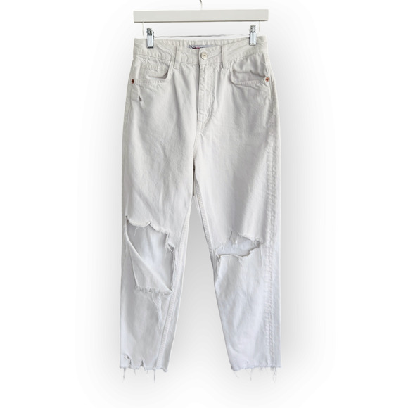 Zara White High Waisted Ripped Mom Jeans 6 - Picture 8 of 8